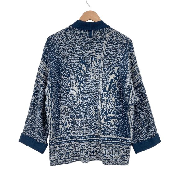 Pure Jill Cardigan Sweater Womens Medium Blue White Geo Print Cotton Open Front - Picture 2 of 16